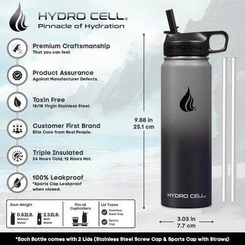 HYDRO CELL Stainless Steel Insulated Water Bottle - Versatile Metal Flask for Hot & Cold Drinks | 24oz Graphite/Black