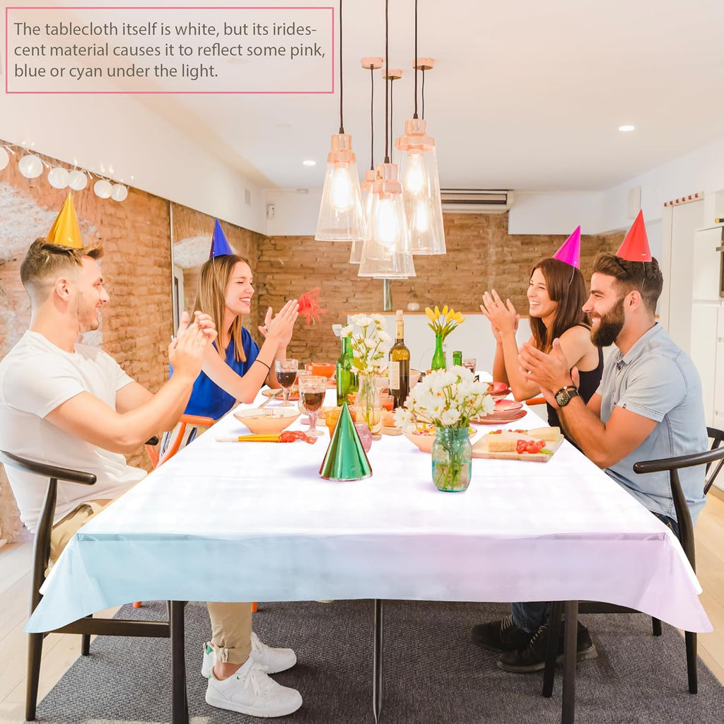 Skiennix 4-Piece White Iridescent Tablecloth Set - 40 x 108” Disposable Glitter Covers for Parties & Weddings