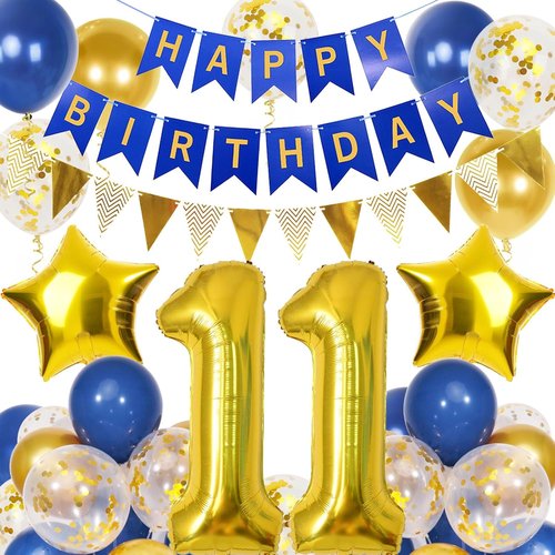 11th Birthday Decorations by [Brand Name] - Navy Blue & Gold Balloons with 40-Inch Number 11 Foil & Banner