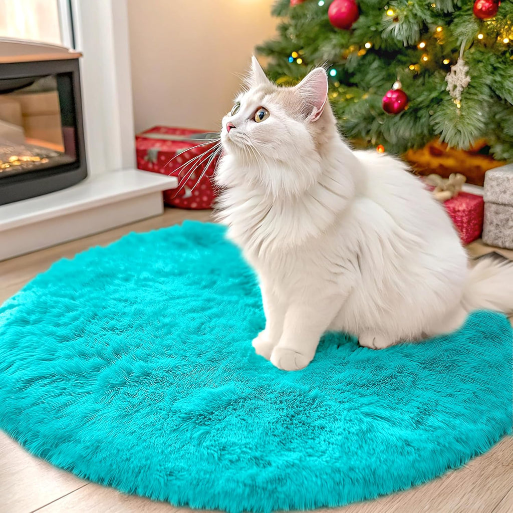 OLANLY Teal Blue Round Rug - Soft, Fluffy Shaggy Carpet for Bedroom | 2 ft Machine Washable Area Rug