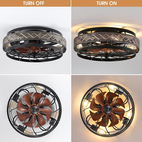 SHIHOT 18" Low Profile Caged Ceiling Fans with Lights and Remote, Flush Mount Ceiling Fan with Light, Bedroom Fan, Small Industrial Black Ceiling Light Fixture, Reversible(Bulbs Not Included)