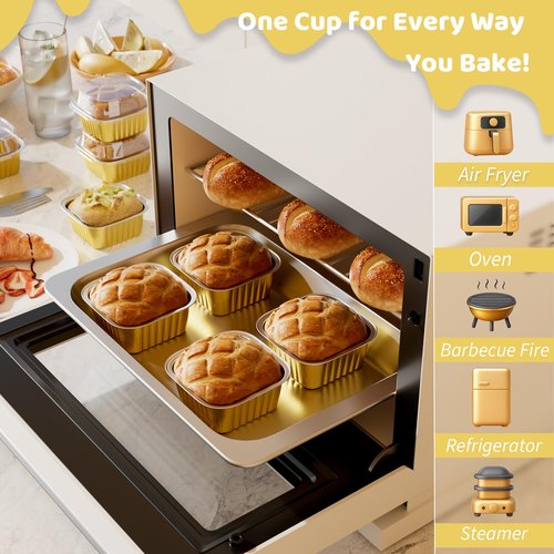 40 Pack 5 OZ Mini Cake Pans with Lids, Disposable Square Aluminum Foil Brownie Baking Cups, Mini Aluminum Foil Cupcake Muffin Tin Ramekins, Flan Molds Cake Containers for Wedding Birthday Party,Gold