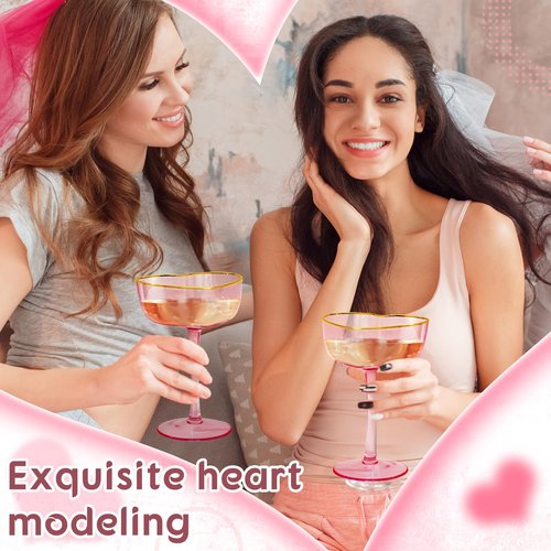 Didaey 2 Pack Wedding Heart Shaped Champagne Flutes Pink Coupe Martini Glasses Cocktail Toasting Glasses Wine Cups with Gold Rim for Bridal Shower Celebrations Girl Birthday Party Supplies(Classic)