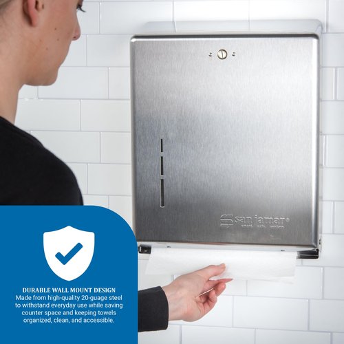 San Jamar Paper Towel Dispenser Holds Multifold/C-Fold Towels with Standard Key Lock for Bathroom, Kitchens, and Restaurants, Metal, 14.75 x 11.375 x 4 Inches, Silver
