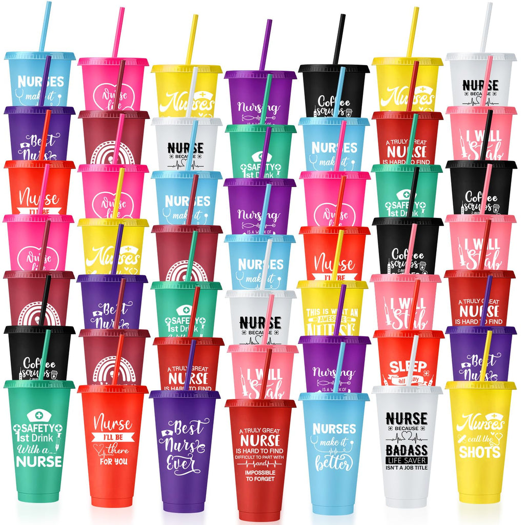 Bokon 50 Pcs Nurse Appreciation Tumbler with Straw and Lid, Bulk Nurse Week Gifts, 24 oz Reusable Plastic Cup, Multicolor Iced Water Bottle, for Appreciation & Graduation(Warm Style)