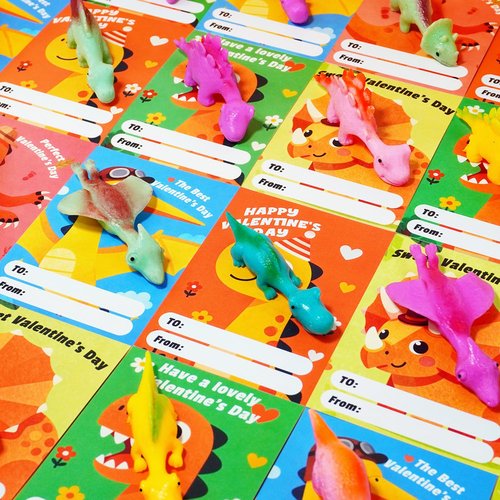 12 Pcs Valentine's Day Gifts for Kids Classroom, Valentine's Day School Cards with Slingshot Dinosaur Toys for Valentine's Day Boys, Girls, Kids Classroom Prize Treats, Party Favors
