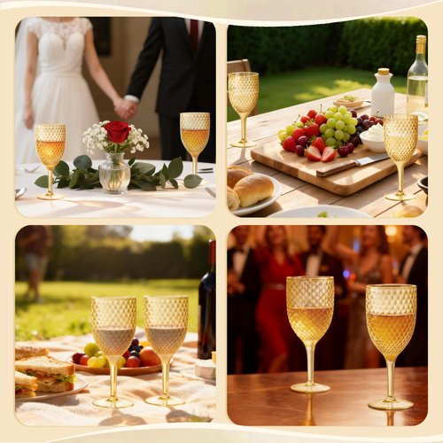 LEYIQU Plastic Wine Glasses 13oz, Acrylic Goblets Toasting Glassware, Unbreakable Cups Drinking Glasses for Bar Party, Wedding, Valentine’s Day (24, Gold)