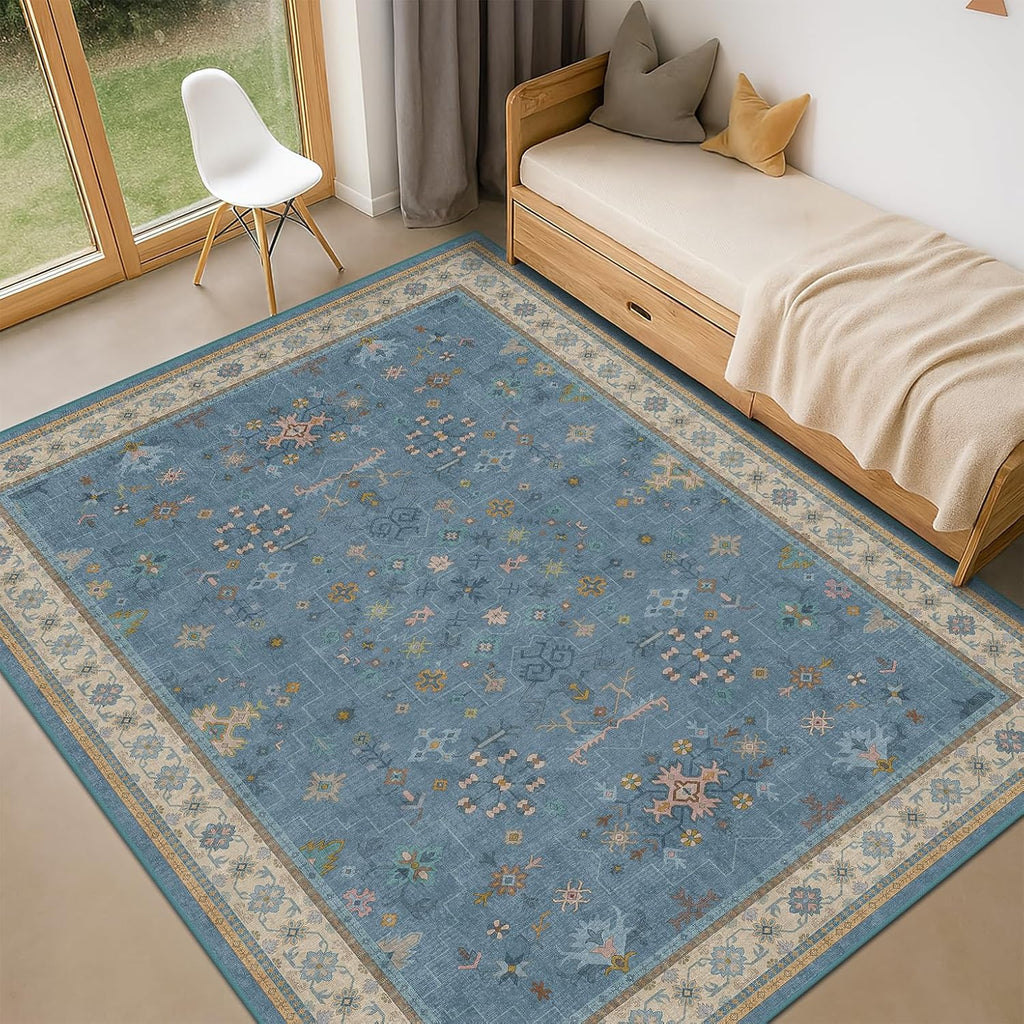 Skiennix 5x8 Boho Eclectic Area Rug - Modern Low-Pile Carpet for Living Room, Bedroom & Nursery - Washable Non-Slip Rubber Back