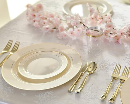 OCCASIONS 120 Piece Heavy Duty Disposable Plastic Plates Set for 60 Guests – 10.5" Dinner & 7.5" Dessert Plates, Premium Party Plates for Wedding, Fancy Events, BPA-Free – Ivory & Gold Rim