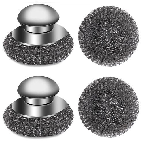 4pcs Steel Wool Scrubber with Replacement Wire Sponge Pads Set, Stainless Steel Scrubber with Handle for Scouring Stubborn Messes from Cast Iron, Pots, Pans, Grill, Stoves, Sink(2 Scrubber+2 Pads)