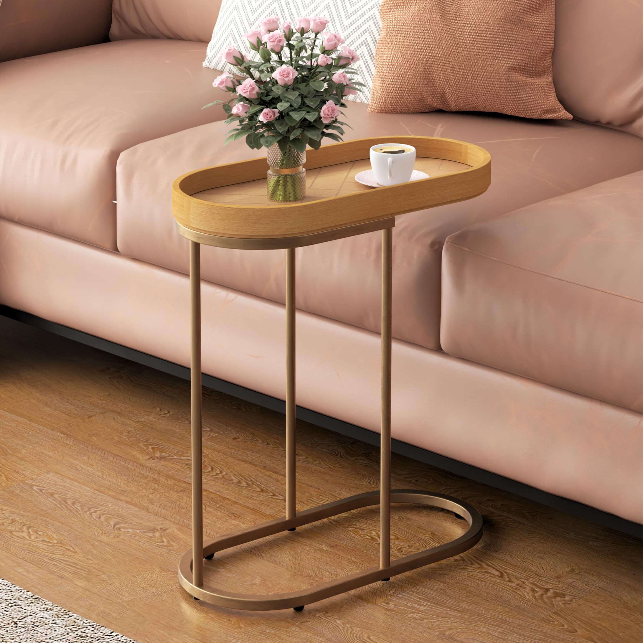 Small End Table with Removable Tray, C Shaped Narrow Side Table for Living Room, Modern TV Tray Wood Top Metal Stand, 11" W