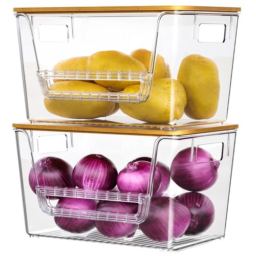 Wrrlors 2 Set Pantry Organizers,Stackable Potato and Onion Storage Bins with Bamboo Lids,Trash Bag Dispenser for 4-13 Gal Bags,kitchen Countertop Organizer for Produce or Snacks