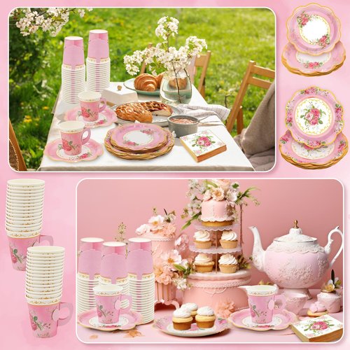EggSun 200Pcs Floral Tea Cups and Saucers for Tea Party Supplies, Disposable Tea Cups with Handle and Paper Napkins Dinnerware for Floral Theme Birthday Wedding Bridal Shower Baby Shower（Pink）