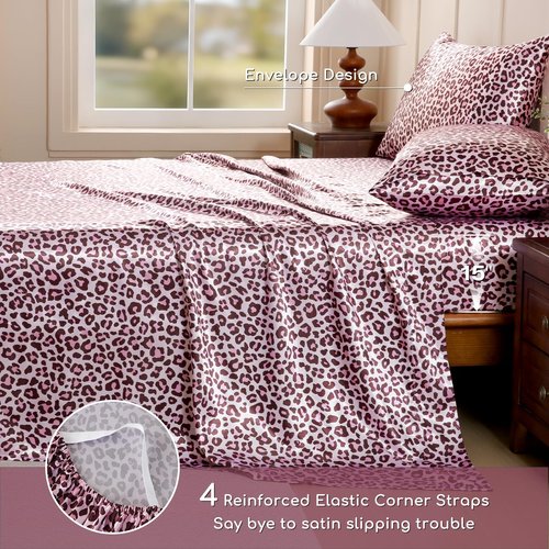 MR&HM Satin Bed Sheets with Elastic Corner Straps, Queen Size Sheets Set, 4 Pcs Silky Bedding Set with 15 Inches Deep Pocket for Mattress (Queen, Pink Leopard)