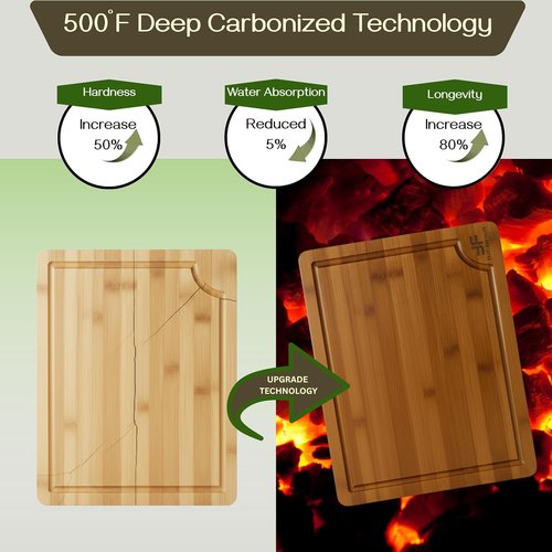 Bamboo Cutting Board Set - 3-Piece Wooden Chopping Boards with Deep Juice Grooves & Built-In Handles