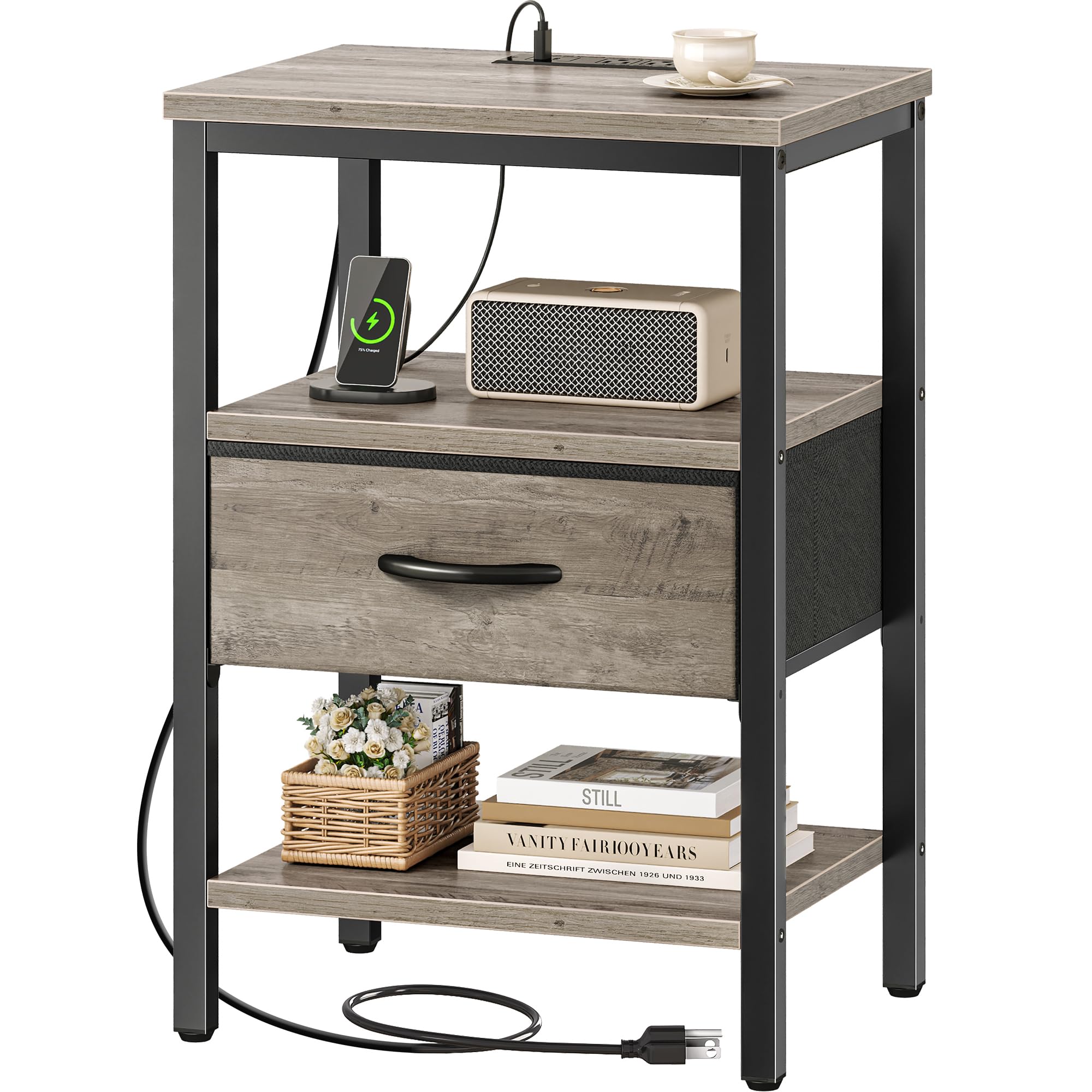 SUPERJARE Nightstand with Charging Station, Bed Side Table with Adjustable Fabric Drawer, Night Stand for Bedroom, 3-Tier Storage End Table, for Living Room, Oak