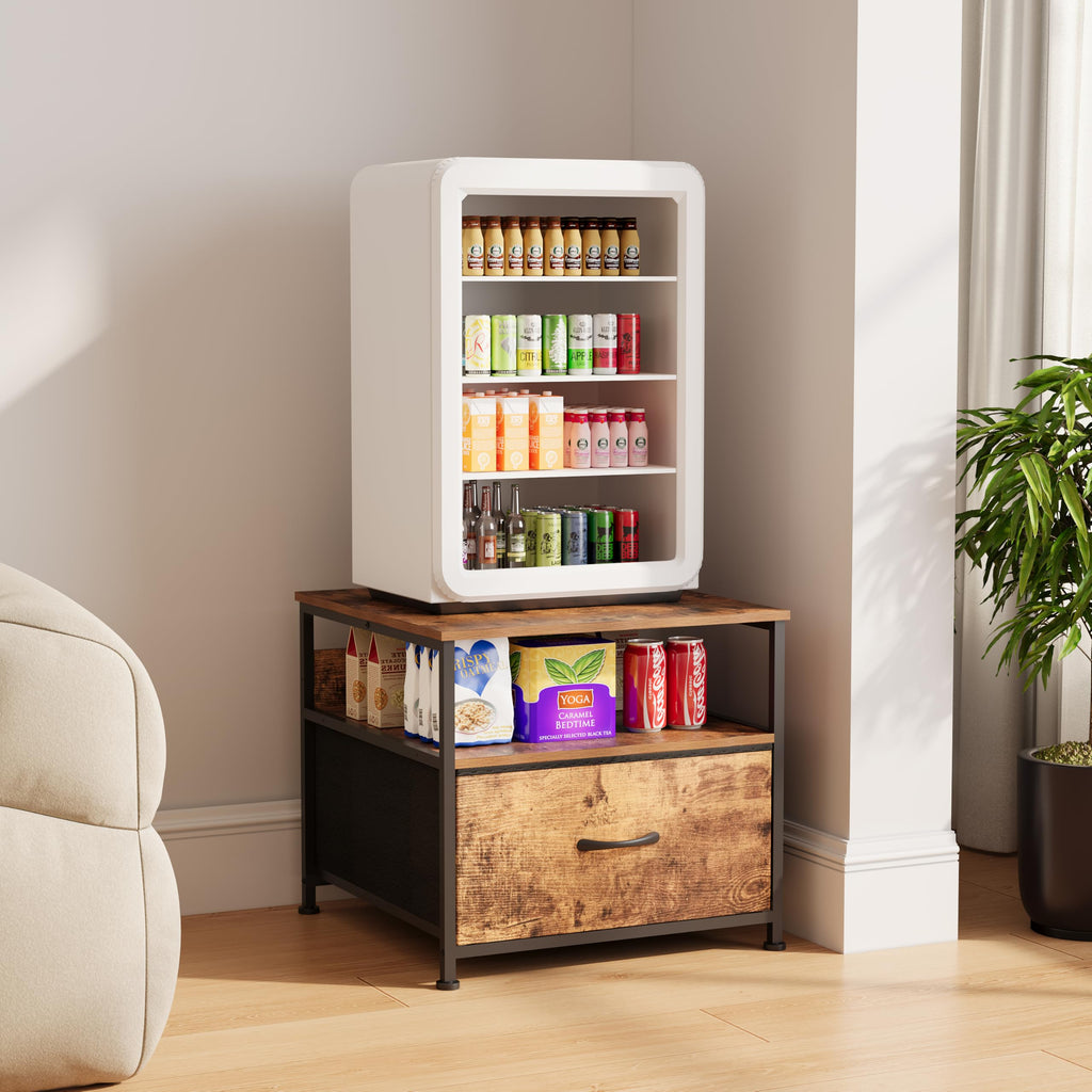 Unionly 180 lb Mini fridge Table with Drawer fridge Shelf, Smal fridge cabinet with storage,Heavy Duty Mini Fridge Standwith Charging Station, 4 Adjustable Feet for Home Kitchen Rustic Brown
