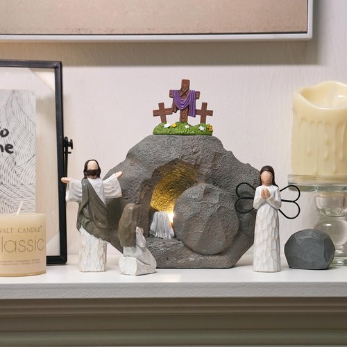 Easter Resurrection Scene with LED Lighting, Resin Empty Tomb Easter Scene for Christian Decoration, Battery Powered Religious Display with Timer, Home Office Tabletop Tray, Church, Shelf Decor