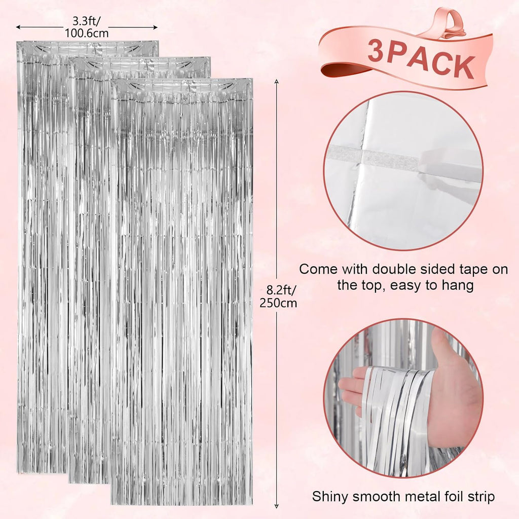 Voircoloria Silver Foil Fringe Backdrop Curtains - 3 Pack 3.3x8.2 Feet Tinsel Streamers for Parties | Perfect for New Year's Eve, Graduation, Baby Showers, and Gender Reveals
