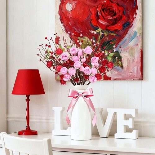 MAINGKAUNG Valentines Day Decorations 12 Pack Valentines Day Artificial Flowers 17 Inch Valentine's Picks with Red Roses Flower Pink Love Heart Berries for Valentine Wedding Anniversary Party Decor