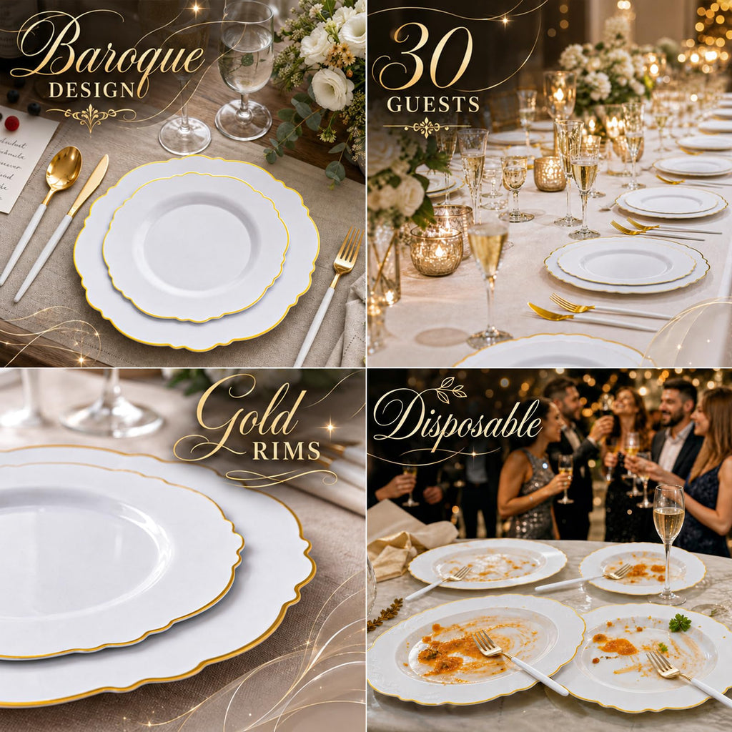 WDF 30Guest Gold Plastic Plates - High-end Baroque Design - 10.25&7.5in Wedding White and Gold Plates Disposable for Birthday/Baby Shower/Wedding/Party