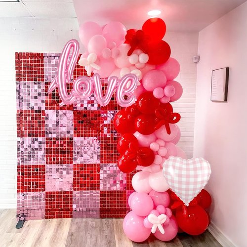Red Pink Balloons, 50pcs Red And Pink Balloons With Love Checkered Heart Foil Balloon For Valentine's Day Birthday Baby Shower Party Wedding Engagement Bridal Shower Anniversary Decorations Supplies