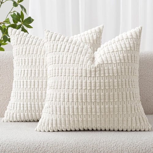 MIULEE Corduroy Decorative Throw Pillow Covers - Soft Boho Striped Design | 18x18 Inch Pure White for Modern Home Decor