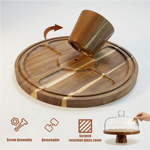 ValorTiger Acacia Wood Cake Stand with Scratch-Resistant Glass Dome Lid – 12-Inch Round Cake Holder with Screw-Type Base, Wooden Dessert Display Stand with Cover for Cakes, Pastries, Cheese & Charcuterie