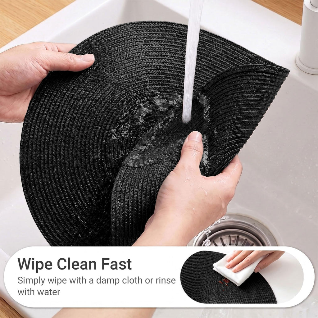 FunWheat Round Braided Placemats Set of 4 Table Mats for Dining Tables Woven Washable Non-Slip Place mats 15inch (Black, 4pcs)