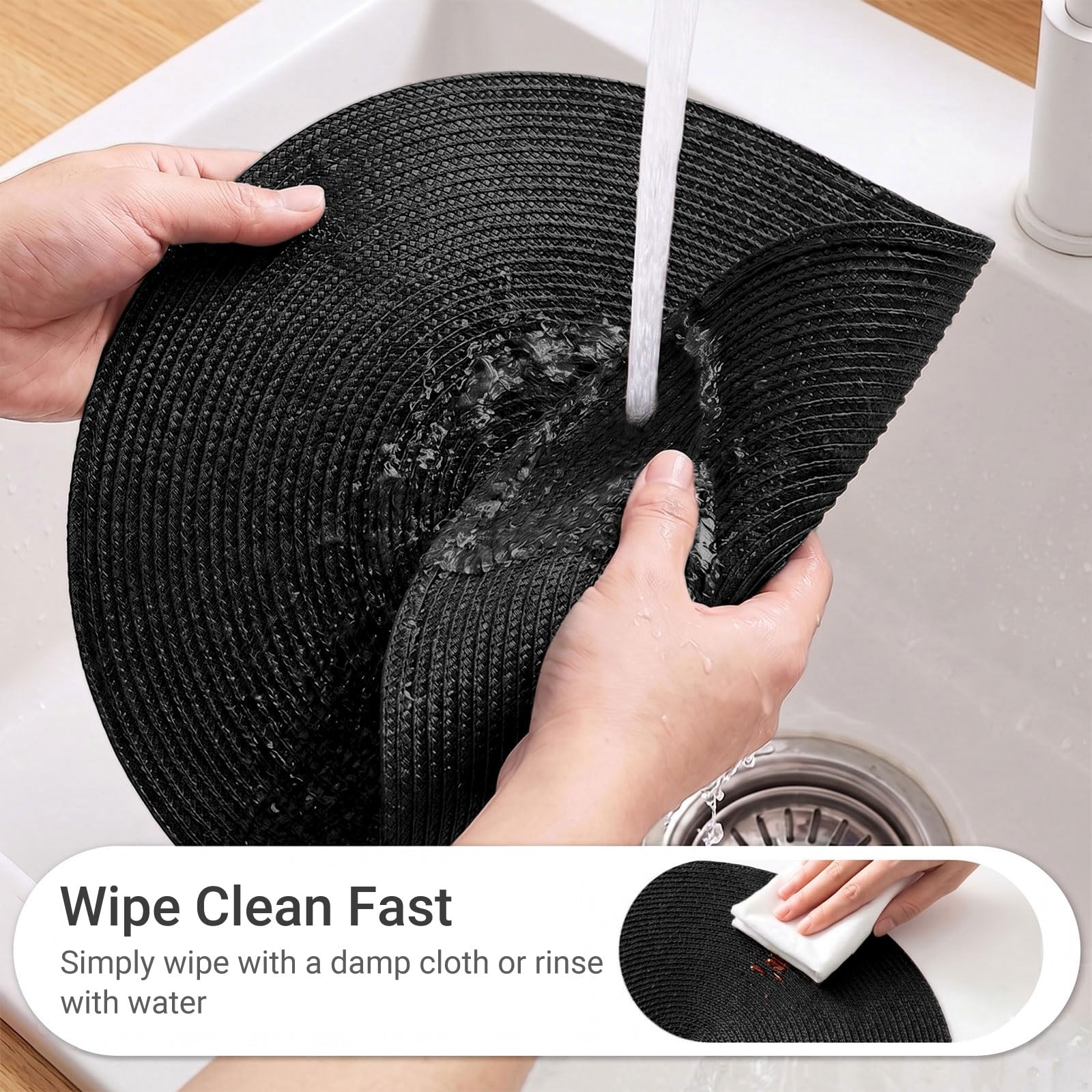 FunWheat Round Braided Placemats Set of 4 Table Mats for Dining Tables Woven Washable Non-Slip Place mats 15inch (Black, 4pcs)