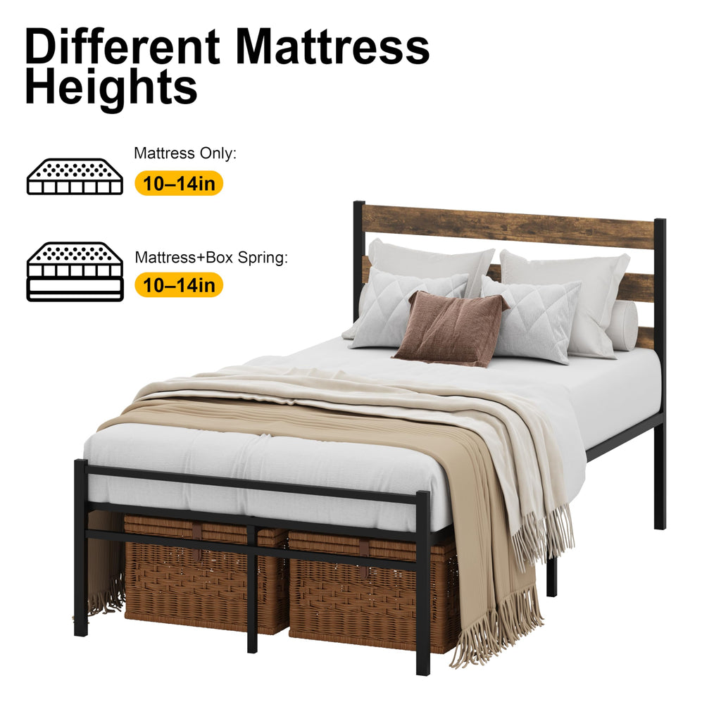 ZZBINUS Metal Platform Bed Frame with Headboard, Twin Size 39.0W x 77.7L x 36.2H inches, Wood and Faux Leather, Walnut (Walnut Colour, Twin)