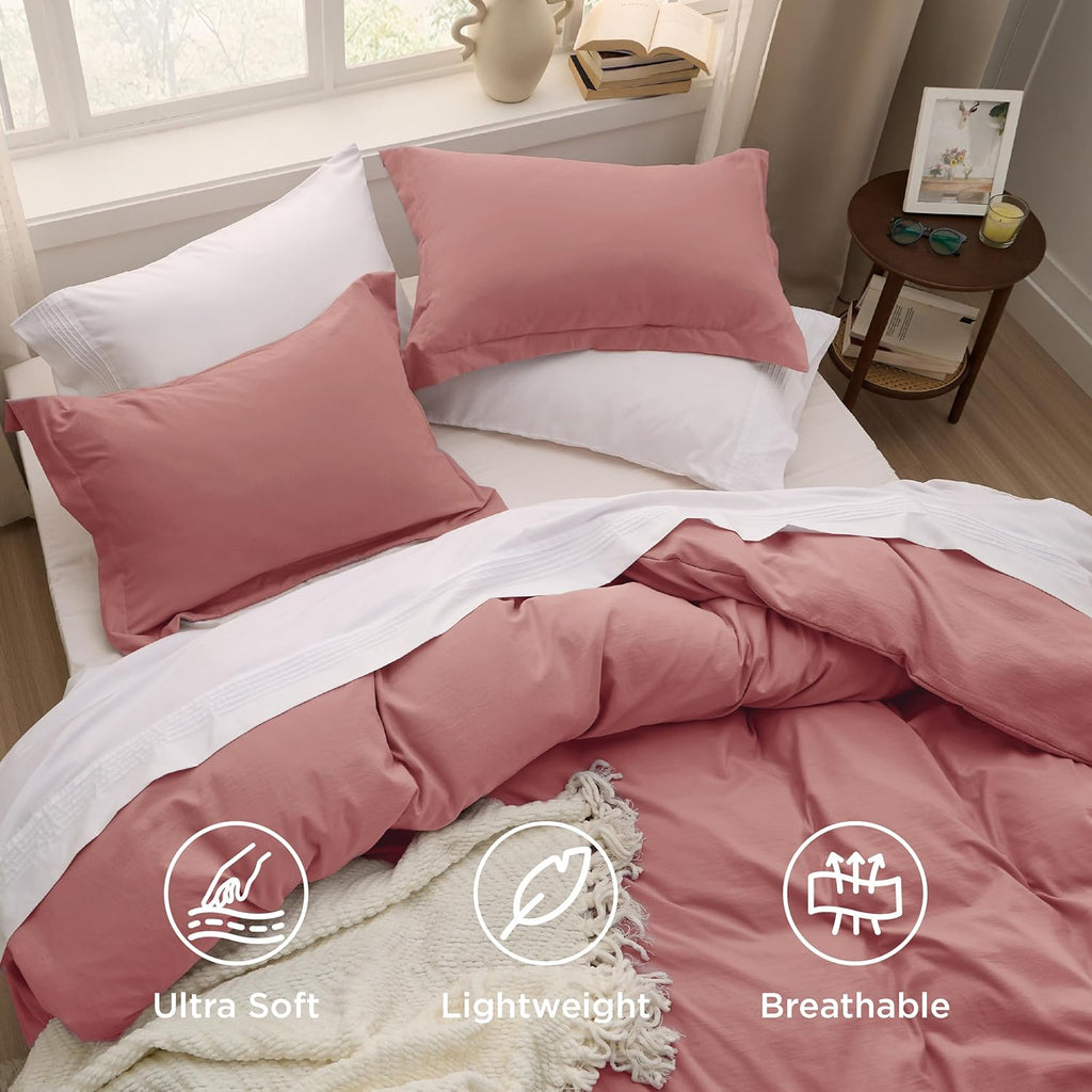 Bedsure Pink Clay Duvet Cover Queen Size - 3 Pieces Prewashed Cotton-Like Extra Soft Bedding Set, Includes 1 Duvet Cover 90x90 Inches with Zipper Closure & 2 Pillow Shams, Comforter Not Included