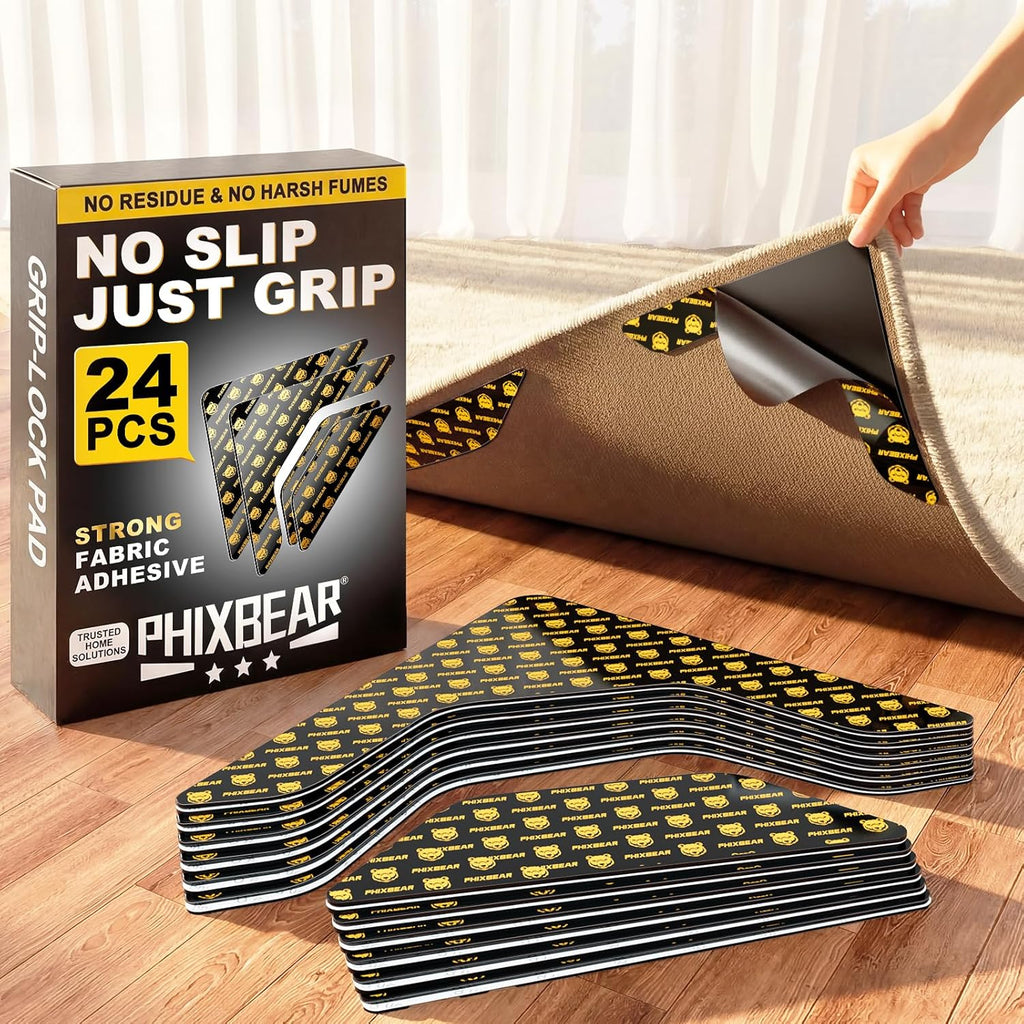 PHIXBEAR Rug Tape | 24 Pcs Strong Hold Anti-Slip Pads | Washable & Reusable Silicone Bottom