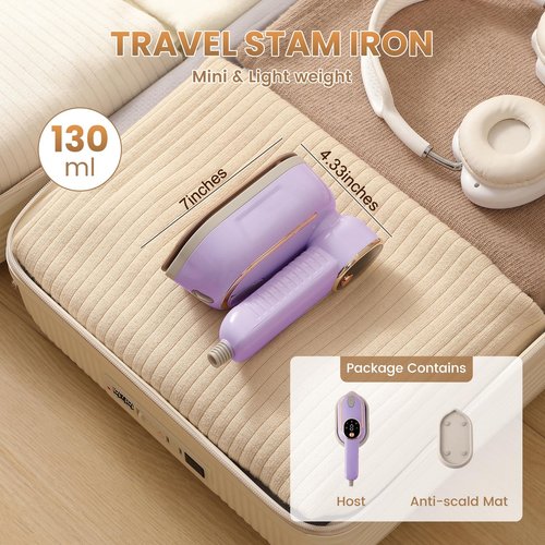 Portable Clothing Steamer, 1000W Clothing Wrinkle Remover, 3+1 Steam Adjustment Multifunctional Hanging Iron with LED Digital Display Screen, 130ml, with Water Shortage Warning, Safe Use (Purple)