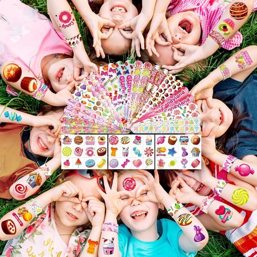 Candyland | 60 PCS Party Favors Set - 36 Temporary Tattoos & 24 Slap Bracelets for Kids, Ideal for Baby Showers & Birthday Parties