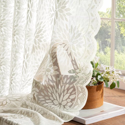 MIULEE Vintage Lace Curtains - 84-Inch Long Floral Scalloped Semi-Sheer Panels | Ivory, 52" W x 84" L