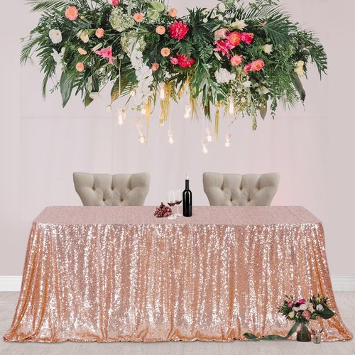 Poise3EHome Rose Gold Sequin Tablecloth 90×156 Inch Rectangle Sparkly Fabric Table Cloth for Birthday Wedding Party Christmas Holiday Baby Shower Decoration