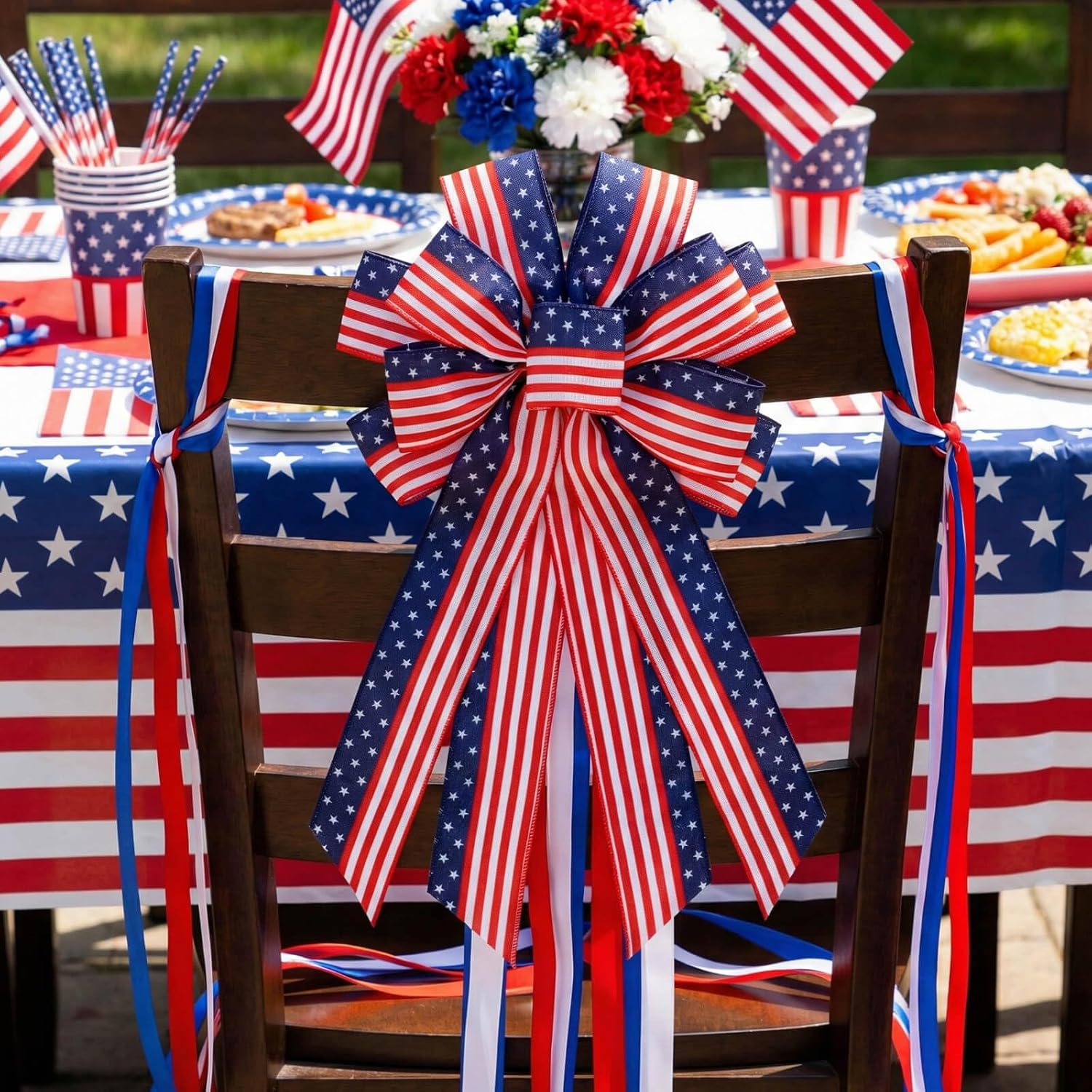 YKW Large Patriotic Bow - American Flag Wreath Decoration for 4th of July & Memorial Day - Classic Blue Design