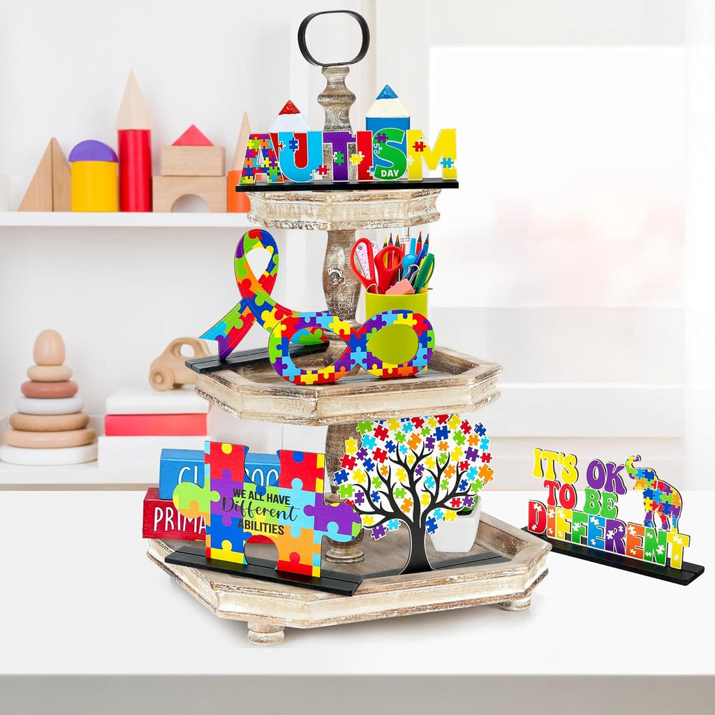 Skiennix Autism Awareness Wood Tiered Tray Centerpieces - 6Pcs Puzzle Pieces Letter Decor for Inspirational Desk & Shelf