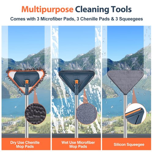 85 Inch Wall Cleaner with Long Handle, 360° Rotatable Wall Mop, Wall Washer Cleaner Tool for Walls/Ceiling Fans/Dust/Baseboard/Floors Clean, 6 Replacement Pads and 3 Silicon Squeegee Scraper Strips