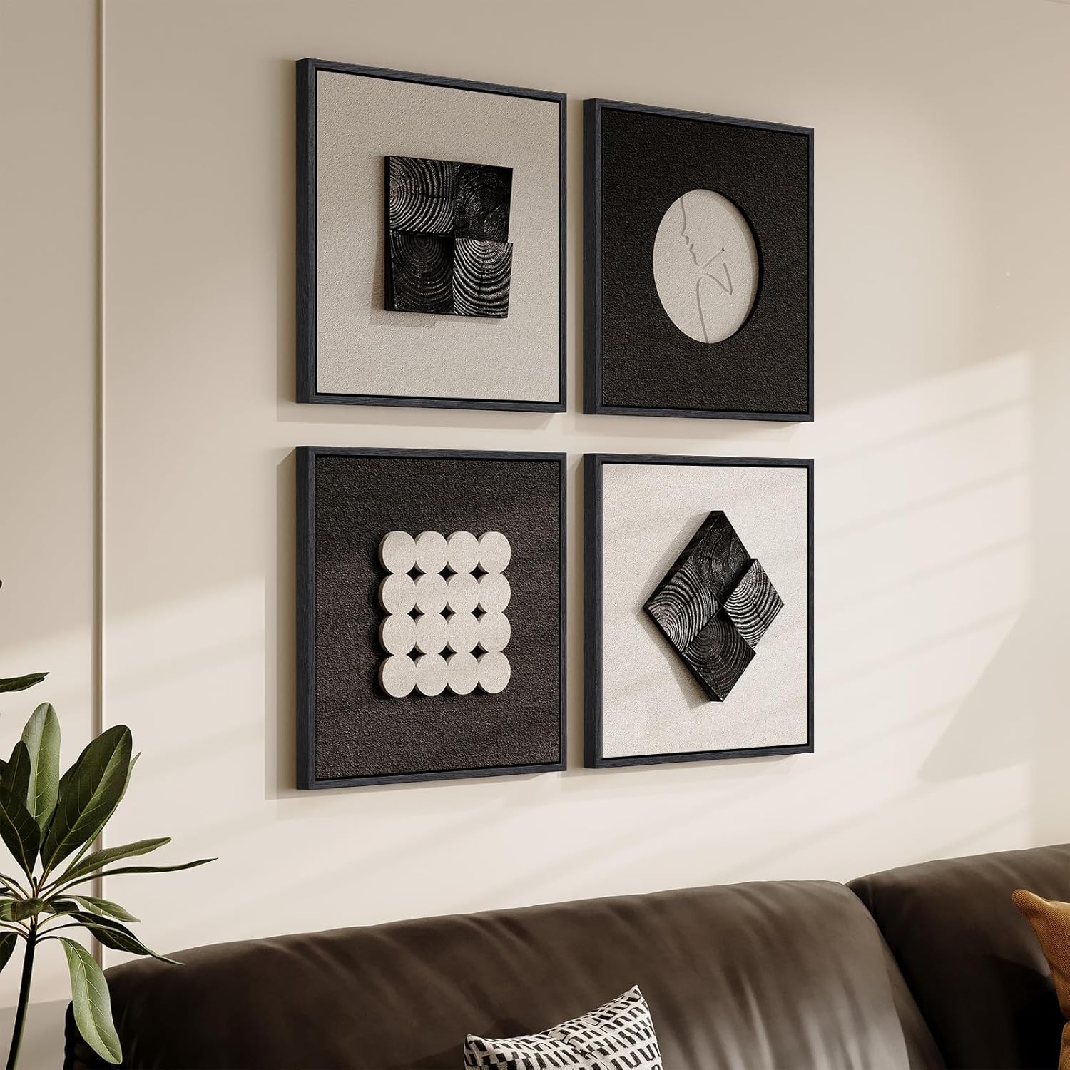 Skiennix 3D Wood Textured Black & White Wall Art Set - Modern Abstract Geometric Paintings for Home Decor