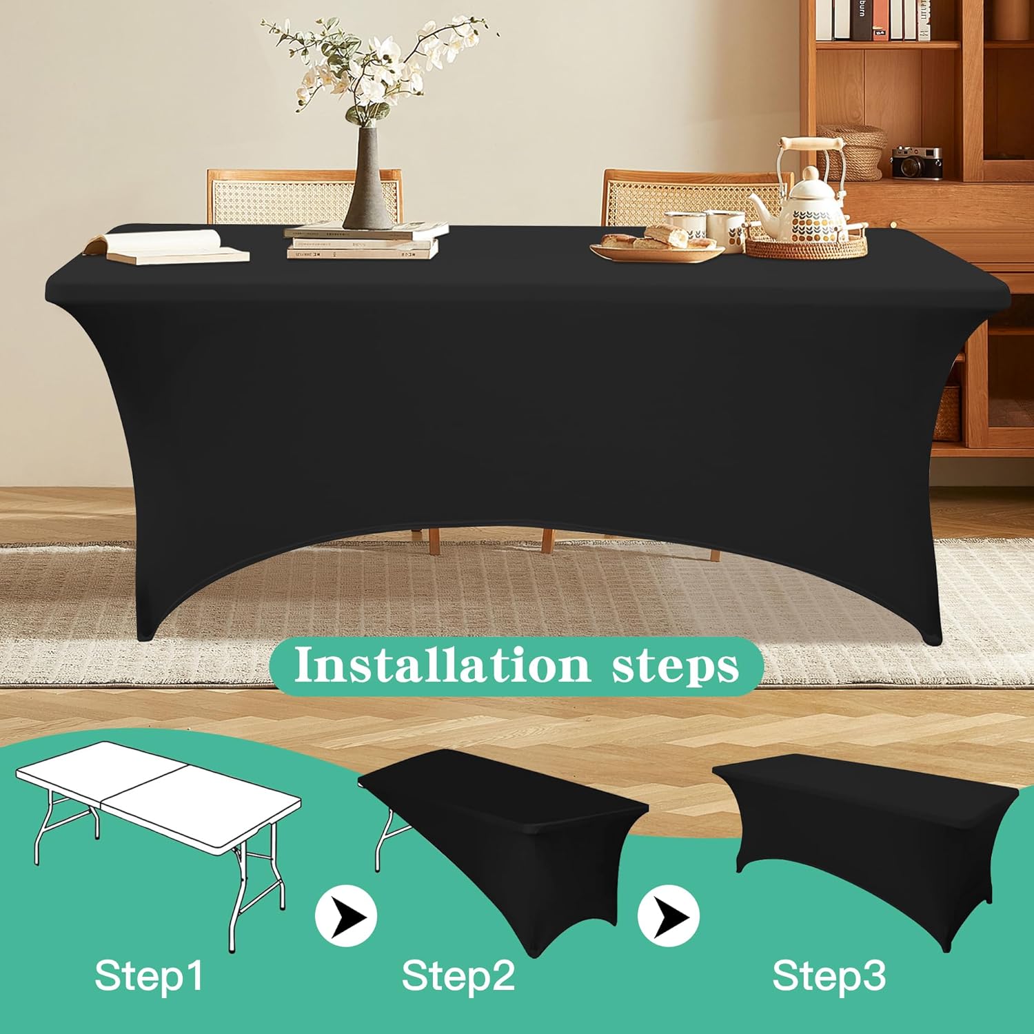 Skiennix 4FT Rectangular Table Cloth - Washable Black Spandex Cover for Events & Parties