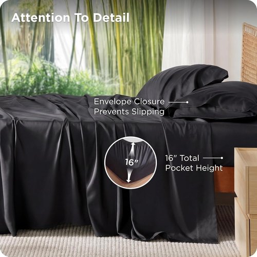 Bedsure Queen Sheets - Cooling Rayon from Bamboo Sheet Set | Soft, Breathable, Deep Pocket, Black