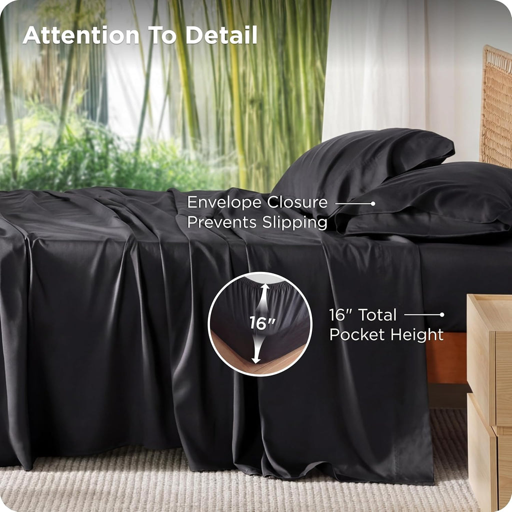 PureWoven King Size Sheet Set - Cooling Rayon Bamboo Sheets, Deep Pocket, Breathable & Soft, Black