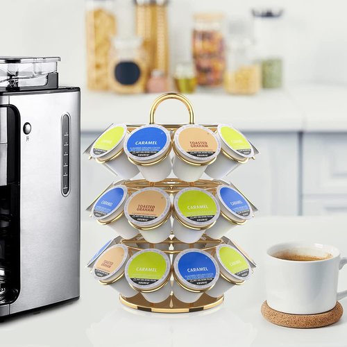 ZECENN Coffee Pod Storage Organizer for K-Cup Pods, K Cup Holder,K Cup Carousel, Home Office Kitchen Counter Coffee Station Organizer (27 Pods Capacity-Gold)