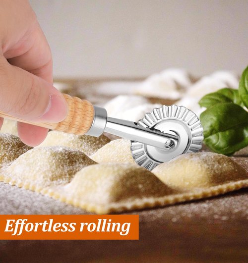 Fluted Pastry Cutter, Pasta Cutter Wheel 6.3 Inch Stainless Steel with Ergonomic Oak Handle for Pasta, Dumplings & Noodles, 360° Effortless Cutting