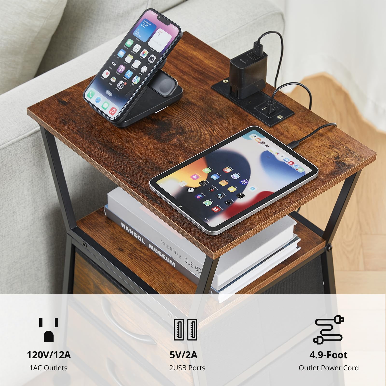 ZEXVIDA Nightstand with Charging Station, Side Tables for Bedroom with Built-in USB Side Table with 2 USB Ports and Outlets Nightstand with Cloth Drawer End Tables Living Room Sofa Couch