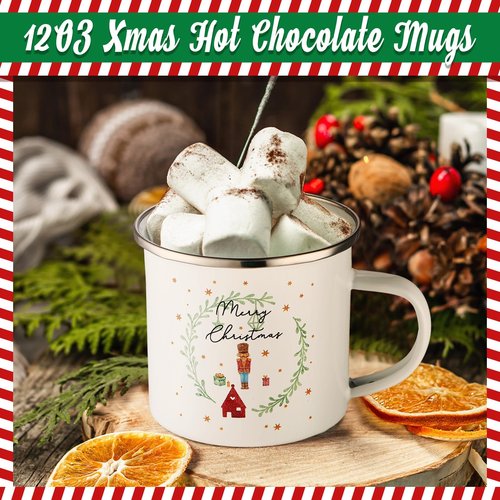 Mifoci 16 Pcs Christmas Enamel Coffee Mugs with Silver Rim - 12oz Xmas Hot Chocolate Mugs for Winter Gifts
