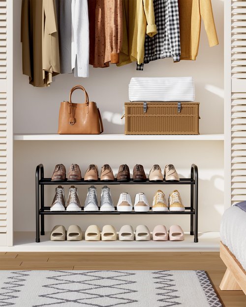 Kitsure Extendable Shoe Rack - 2-Tier Adjustable Metal Shoe Organizer, Sturdy Rust-Resistant Shoe Shelf for Entryway, Closet, or Bedroom, 17.5"–32.6" x 9.1" x 15.4", Black