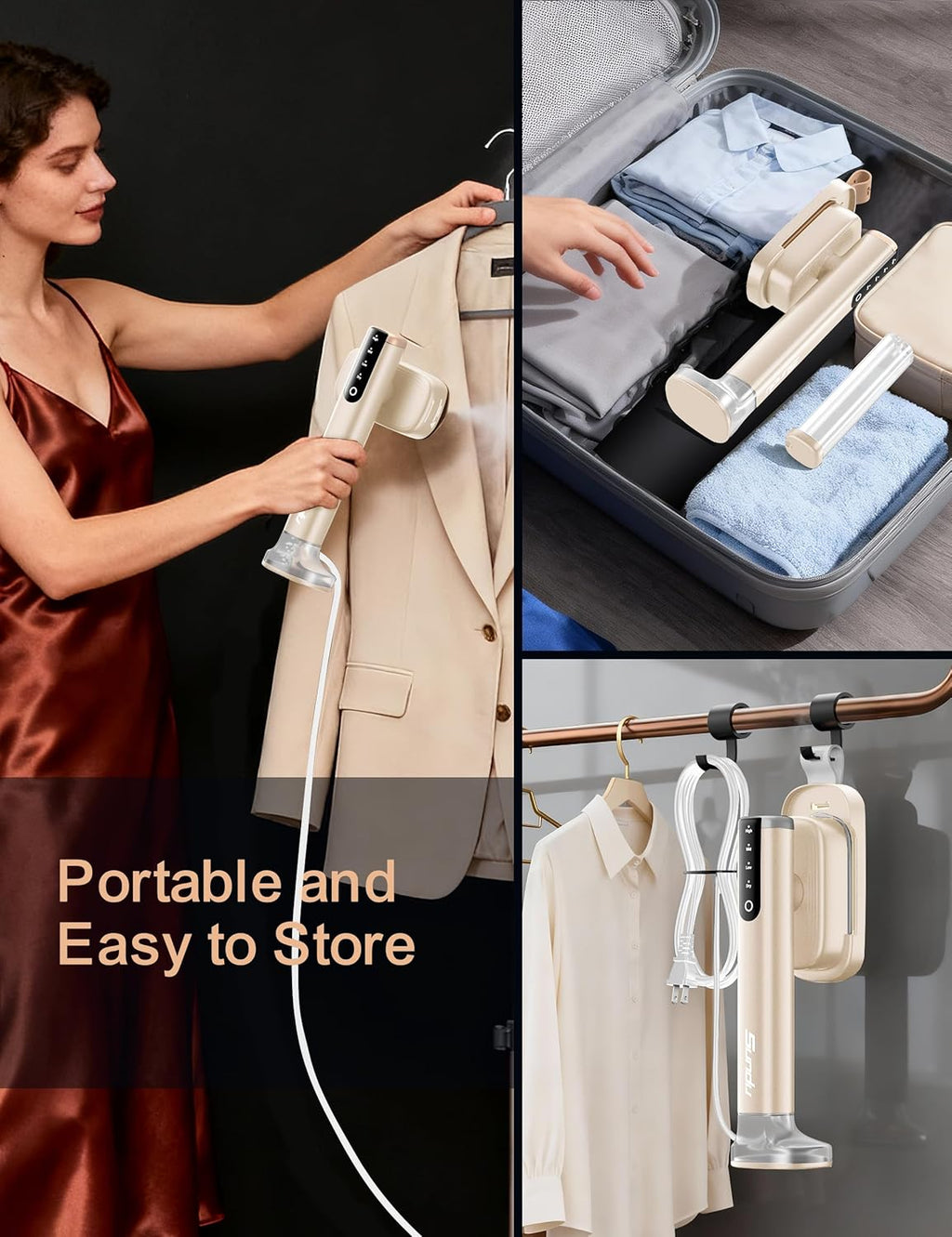 Sundu Portable Handheld Garment Steamer - Fast 15s Heat-Up | Dual Water Tanks & Ironing Gloves, Pale Gold